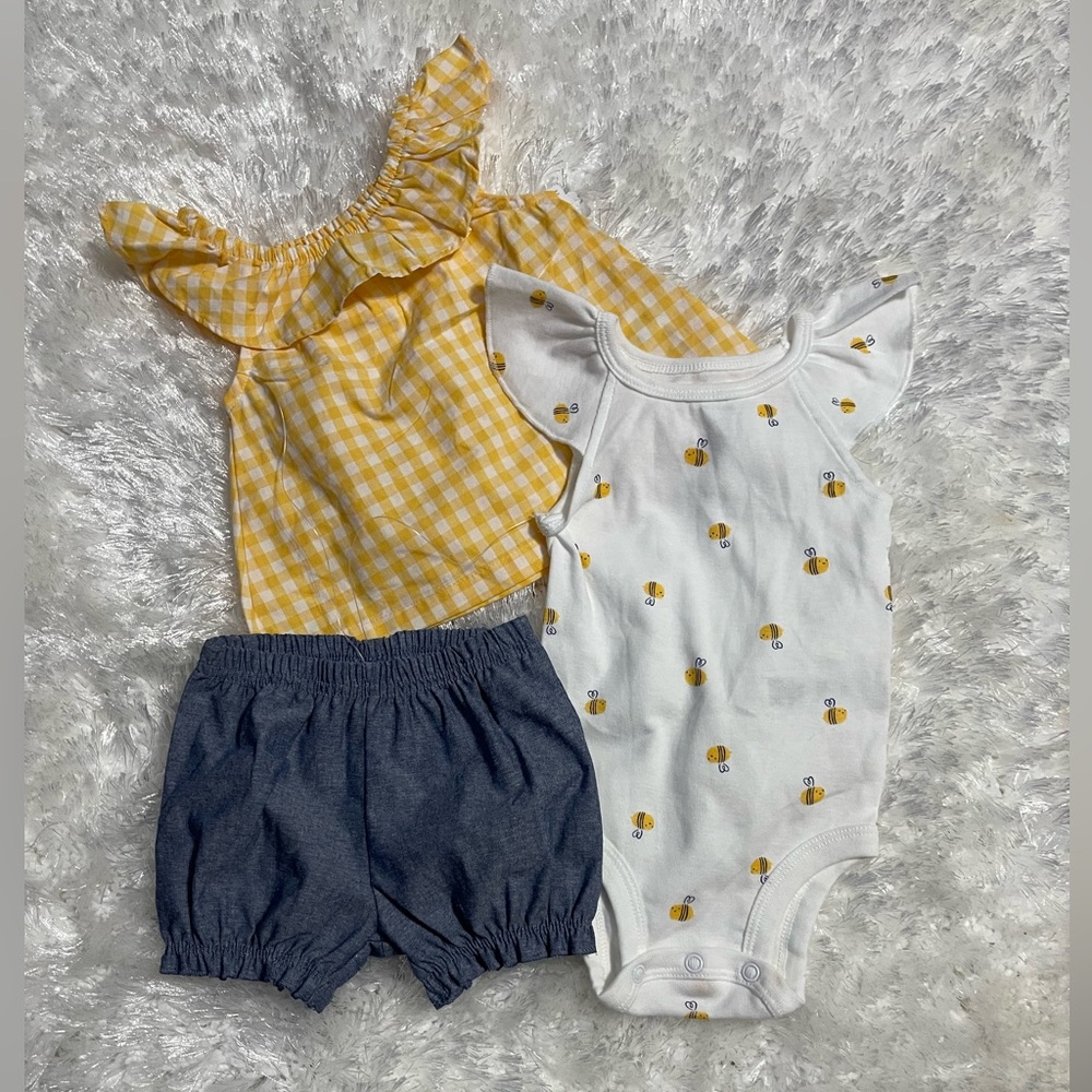 Baby Girls Carter’s Just One You 3 piece Bee and Yellow Plaid Summer Set